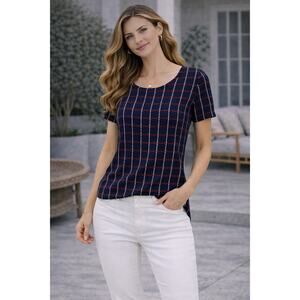 Banana Republic Navy Red Windowpane Grid Blouse Short Sleeve Top M/P